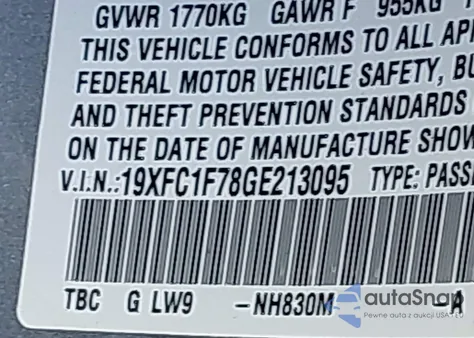 2016 Honda Civic Ex-L from USA, damaged, VIN 19XFC1F78GE213095